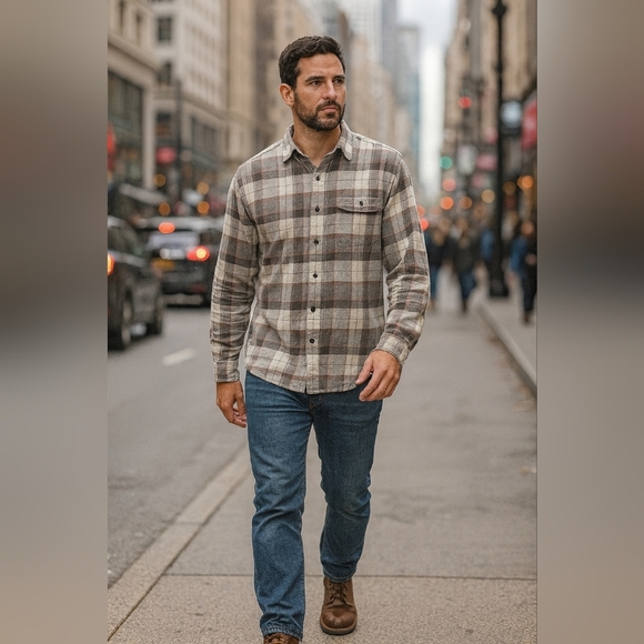 NWT Medium Men's Casual Classic Plaid Flannel Button-Down Shirt - Gray and White - Picture 1 of 5